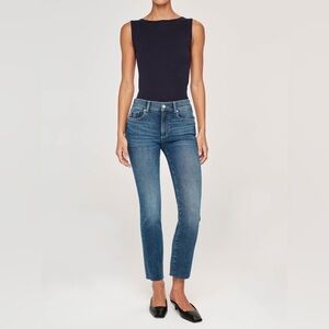 DL1961 Mara cropped light blue raw hem straight jean sustainable denim